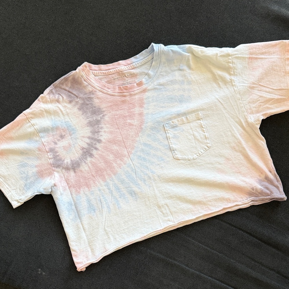 American Eagle Pastel Pink and Light Blue Tie-Dye Crop Tee